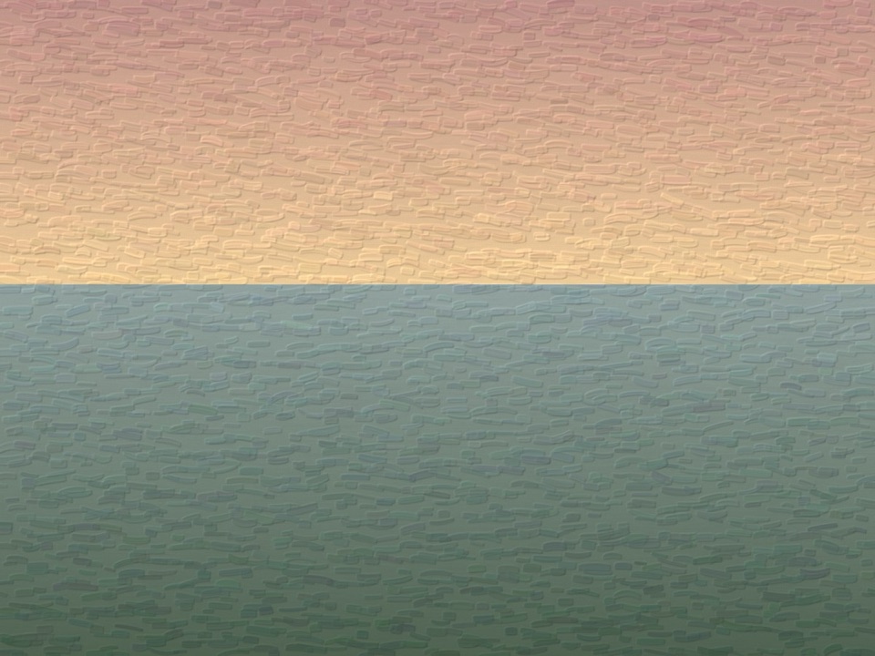 Rose-to-gold sky over green water, painted in dabbed brushstrokes